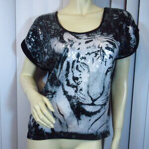 Xhilaration Black White Tiger Sequin Top Animal Print Streetwear Rock Rocker Y2K